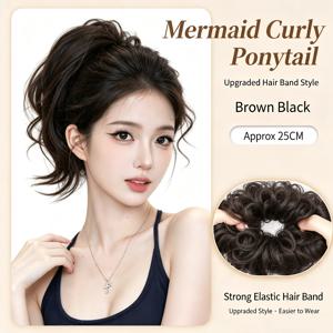 25CM, 인어 물결 포니테일 가발, 여성용 탄성 헤어 타이 포니테일 익스텐션, 푹신하고 보이지 않는 두꺼운 헤어