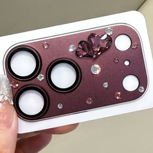 아이폰 18 프로 맥스 18 프로 17 프로 맥스 17 프로용 럭셔리 샤이닝 3D 러브 하트 라인스톤 수제 카메라 보호 필름, 무광 스크래치 방지 렌즈 유리 강화 필름