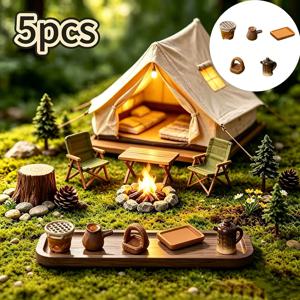 미니 캠핑 가구 장식품 5pcs 세트, 레트로 스타일 미니 스토브, 트레이, 티 세트, 바구니 및 주전자 장식품, 실내 및 야외 장식, 미니 가구 사진 소품, 역할 놀이 파티 소품, 테마 전시를 위한 이상적인 선물