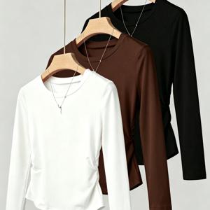 3pcs 세트, 여성 패션 트렌디 라운드넥 캐주얼 슬림 롱 슬리브 러플 멀티 컬러 티셔츠, 가을 겨울에 적합