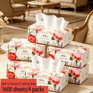 1600매/4팩, 180 X 175mm 대형 사이즈 프린트 페이셜 티슈, 5중 두꺼운, 찌꺼기 없음, 일회용 페이셜 티슈, 냅킨, 휴대용 여행용 팩, 티슈 박스 또는 종이 봉투, 차량, 학교 및 사무실 일상 장면에 적합