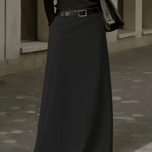 가을 겨울 신상 여성용 우아한 단색 하프 스커트 - 좋은 드레이프 - 출퇴근복으로 일반적으로 착용 가능, 패셔너블하고 다재다능 - 여행 및 외출을 위한 캐주얼 루즈핏의 우아함 - 데이트 (벨트 미포함) 블랙 롱 스커트