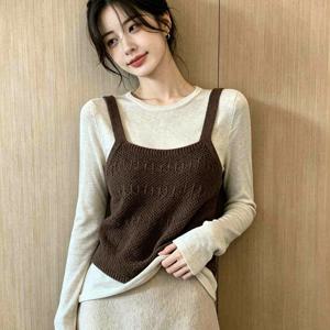 2026 신상 여성용 2피스 레이어링 의상 라운드넥 긴팔 상의와 민소매 조끼 한국 스타일 릴랙스 핏 시크 데일리웨어