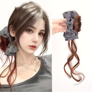 할로윈 합성繊維 14인치 가발, 집게핀, 리본, 드래곤 수염 번, 레이지 스타일, 여성용 한국식 푹신한 번