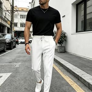 남성 와플 캐주얼 바지, 탄성 허리 드로스트링 루즈 레그 단색 라운지웨어 바지, 가을/겨울 필수템