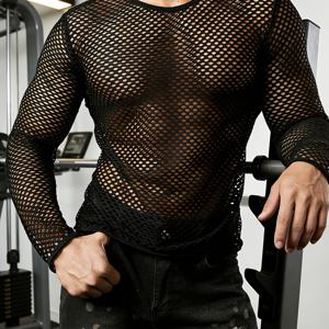 남성용 패션 메쉬 티셔츠 긴소매 크루넥 캐주얼 스웨트셔츠, 시스루 속이 빈 フィッシュ넷 토프, 헬스 트레이닝 슬림핏 풀오버