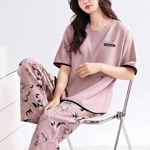 봄, 여름, 가을용 신상 여성 파자마 세트, 반팔과 긴바지, 라운드넥, 꽃무늬 프린트, 캐주얼 루즈핏, 기계 세탁 가능