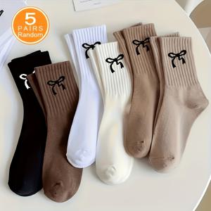 랜덤 5켤레 귀여운 여성용 리본 프린트 실린더 양말, 가을/겨울용 캐주얼 올매치 중목 양말
