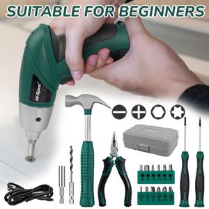 Hi- 그린 3.6V 컴팩트 전동 드라이버 키트, 가정 수리용 미니 휴대용 하드웨어 세트 (망치, 플라이어, 드릴/ 비트 포함), 정밀 시계 드라이버, 가정, 야외, 차고, 사무실에 적합, 초보자에게 간편한 보관