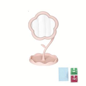 4pcs 세트: 거울 1개 및 청소 도구 3개. 미니 회전 플로럴 화장대 거울, 광택 플라스틱 프레임, 배터리 불필요 휴대용 메이크업 거울 (보관 트레이 포함), 무향, 플로럴 디자인, 침실/학생/여행용 걸이 거울