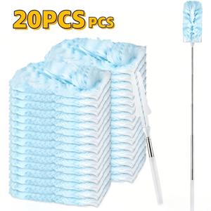 20개 블루 먼지떨이 세트, 먼지떨이 리필 패드 20개 및 1개 텔레스코픽 연장 폴대 포함, 극세사 먼지떨이 세트, 180° 단면 먼지떨이, 천장 선풍기, 블라인드, 가구, 통풍구 및 전자 장치 청소에 적합