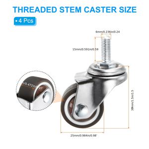 4개 미니 캐스터 1인치 나사산 로드, 및 스크류 로드가 있는 평면 캐스터 (M8X20mm) 볼 베어링 무소음 TPE 고무 얇은 캐스터, 가구 롤링 트롤리, 소형 쇼핑 카트 캐스터용