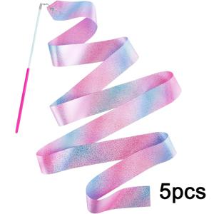 샤이니 댄스 리본 지팡이 5개 세트 - 핑크색과 파란색, 꼬인 술 장식과 반짝이는 손잡이, 공주, 인어, 발레, 체조 공연, 생일 파티 답례품, 야외 장식 및 기타 행사에 적합. 꼬인 술 샤이니 술 플라스틱 리본 지팡이, 리본 지팡이