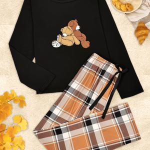 가을과 겨울 여성용 긴팔 파자마와 바지, 귀여운 만화 곰 프린트 체크무늬 바지, 파자마 세트
