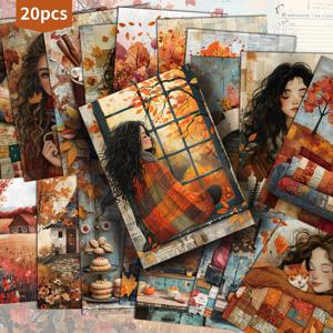 가을 나뭇잎, 커피, 고양이 모티브의 엽서 20매 세트 - 4X6인치 크기. 가을 테마의 저크 저널에 완벽하며, 클래식한 핀업 일러스트레이션은 스크랩북 및 공예에 이상적인 수집용 장식 아트 카드입니다.