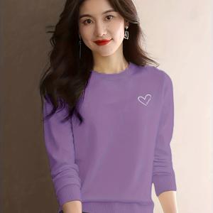 솔리드 컬러 라운드넥 스웨터, 여성용 풀오버 긴팔, 부드럽고 편안한 데일리 웨어