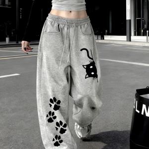 D322 - 패셔너블한 아메리칸 빈티지 스타일 캐주얼 스웨트팬츠, 크롭 마체테 팬츠, 레그 와이드 레그 캐주얼 가을/겨울용 안감 보온 팬츠, 트렌디한 고양이 발바닥 프린트 패턴, 허리밴드 없음 - L16196