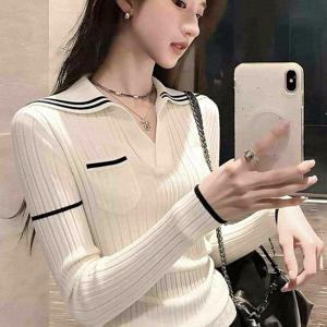 여성용 화이트 폴로 칼라 하의 셔츠 봄 긴팔 상의 레트로 대비 색상 작은 향 스타일 속 슬림 탑