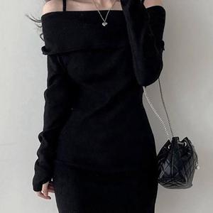 여성 춘추동계절 미니스커트 오프숄더 원피스 캐주얼 통근 홀터넥 긴팔 솔리드 심플 슬림핏 슬림소녀