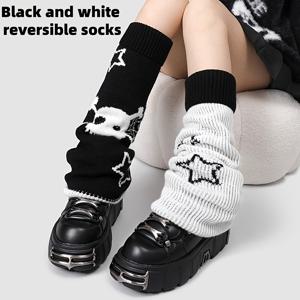 여성용 양면 웨어러블 러플 양말 1켤레. 별 블랙 해골 러플 양말, 와이드 레그 트럼펫 카프 양말