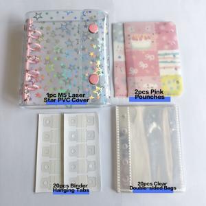 M5 레이저 스타 PVC 바인더 키트, 양면 투명 파우치 20개, 핑크색 인서트 파우치 2개, 바인더 행잉탭 20개 포함, DIY 저널 스크랩북킹 사진 카드 정리함용