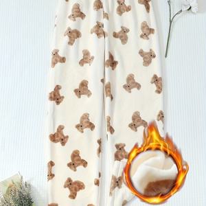 여성용 겨울 초보온 편안한 플란넬 와이드 레그 파자마 바지, 귀여운 곰 프린트 루즈핏 라운지웨어, 특가