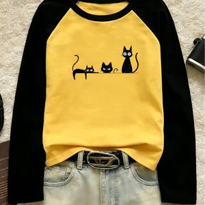 Y2K 여성용 라글런 긴팔 티셔츠 - 지루한 고양이 패턴, 루즈핏 라운드넥 탑, 봄 가을 캐주얼 블라우스, 편안한 원단 봄 여름 신상 가을 신상 여성용 대비 어깨 긴팔 티셔츠