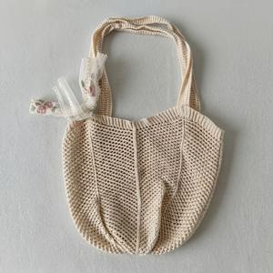 여성용 코바늘 뜨개질 토트백 1개 및 리본 1개, 대용량 속이 빈 직조 쇼핑백 (고정 숄더 스트랩 포함, 안감 없음), 여행 및 일상 사용에 적합