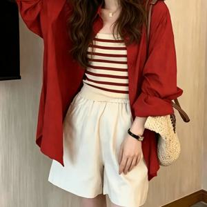 새로운 가을 레드 빈티지 여성용 긴팔 셔츠, 루즈핏 라펠 블라우스, 봄가을 캐주얼 상의 아우터웨어