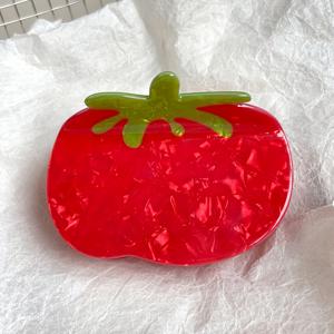 레드 토마토 헤어 클립, 갈라진 진주광 PVC 과일 상어 헤어 클립 (녹색 줄기 포함), 미끄럼 방지 카와이 여름 과일 헤어 저 클립, 여성용 귀여운 데일리 바캉스 헤어 장식