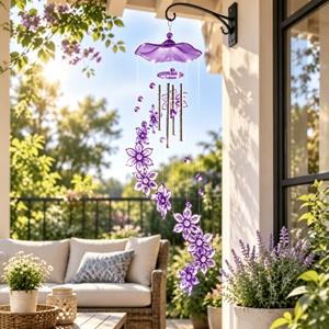 Purple Flower Wind Chime Hanging Decor Beautiful Metal Bell Tubes Front Porch Bedroom Living Room Wall Decoration Thanksgiving Housewarming Wedding Anniversary Friendship