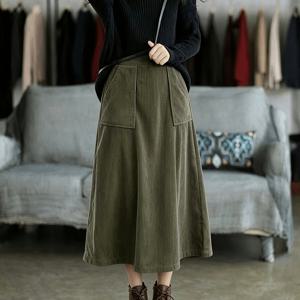여성용 코듀로이 A라인 미디 스커트, 큰 주머니 포함, 신축성 있는 허리밴드, 빈티지 캐주얼 출퇴근용 코듀로이 스커트, 가을과 겨울에 적합, 단색 여성 스커트