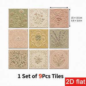 2D 평면 9개입 15x15cm (5.9x5.9인치) 슬레이트 타일 스티커 - 주방 백스플래시, 커피 카운터, 욕실, 거실용 자체 접착식 필앤스틱 벽 타일 - 3D 질감의 꽃무늬 패턴, 간편한 필앤스틱, 탈부착 가능, 잔여물 없음, 2D 평면