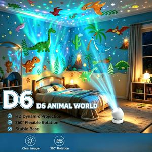 D6 동물 공룡 월드 프로젝터 무드등, HD 프로젝션 조명, 360° 유연한 회전, USB 전원 안정적인 미끄럼 방지 받침대 장식등, 침실 분위기 조명, 텐트, 생일 파티, 방 꾸미기 집 꾸미기 선물