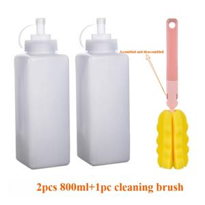 3개 세트 (800ml 스퀴즈 병 2개 + 세척용 브러시 1개), 1000ml 화이트 상업용 대구경 스퀴즈 소스병 잼병, 눈금 표시가 있는 플라스틱 스퀴즈병, 가정용 꿀 스퀴즈병 토마토 샐러드 드레싱병, 세척용 브러시 포함