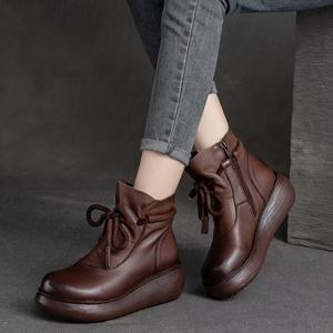 가을 겨울 신상 빈티지 에스닉 스타일 두꺼운 밑창 플랫폼 하이탑 다용도 힐 앵클 부츠, 여성 라운드 토 숏 부츠 웨지 솔 청키 부츠, 여성 신발