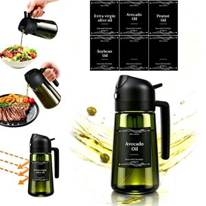 2-in-1 유리 올리브 오일 디스펜서 & 쿠킹 스프레이어, 16oz 유리 오일 병, 블랙 누수 방지 뚜껑, 인체공학적 핸들 노즐, 분류용 스티커 6개 포함, 바베큐, RV 여행, 샐러드, 베이킹용 주방 조리 도구