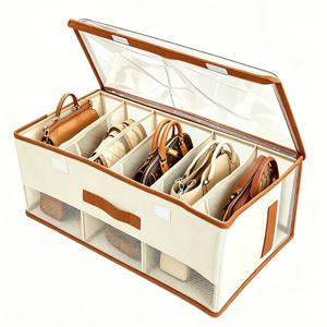 1개 5칸 핸드백 보관함, 투명 뚜껑 포함, 손잡이와 플립형 뚜껑이 있는 패브릭 디자인; 접이식으로 평평한 핸드백, 의류, 속옷, 수건 또는 바지 보관에 적합. 옷장 정리에 이상적인 솔루션
