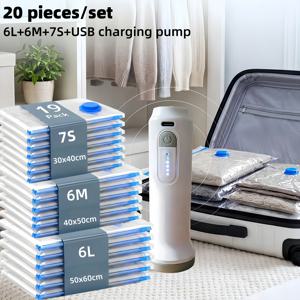 20개 세트 - 다양한 사이즈, 진공 보관백 + USB 전동 에어펌프(충전 케이블 포함), 1500mAh 장시간 배터리, 휴대용이며 사용이 매우 편리함, 의류 및 계절용 이불 교체물 보관용 고품질 진공 압축백