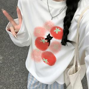 Lelale 방향성 일본 귀여운 스타일 토마토 블랙 고양이 프린트 긴팔 여성 티셔츠, Y2K 레트로 루즈 캐주얼 편안한 올매치 출퇴근 상의, 가을 데일리 홈 캐주얼 외출 데이트 바캉스/캠퍼스 웨어