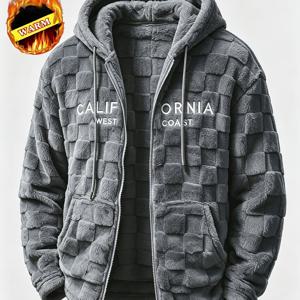 새로운 가을/겨울 남성용 플러시 체커보드 패턴 후드 카디건 재킷, 캐주얼, 아웃도어, 보온, 스포티한 남성용 겨울 의류