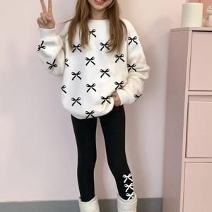 2pcs 여아 캐주얼 리본 장식 라운드넥 긴팔 스웨트셔츠 & 레깅스 세트, 블랙 앤 화이트, 가을 스타일, 귀여운 스타일, 학교, 신학기, 겨울철 외출복으로 적합