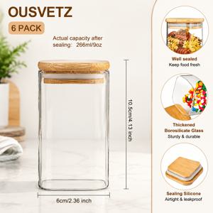 대나무 뚜껑이 있는 유리 보관 용기 6개 세트, 밀폐 식품 저장 용기, 향신료, 허브, 사탕, 조미료 및 주방 식료품 저장실 정리용 투명 유리 캐니스터