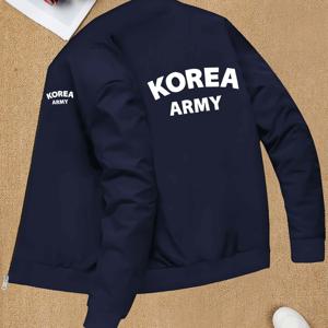 남성 트렌디 긴팔 프린트 재킷 탑, 한국군 테마 프린트 재킷, 밀리터리 텍스트 패턴, 밀리터리 스타일 의상 아이템 긴팔 야구 유니폼 코트, 가을/겨울 캐주얼 출퇴근 스타일 남성 탑