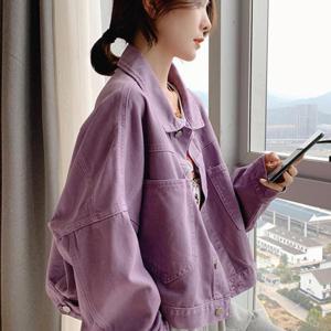 SunburstWonder 여성용 보라색 인기 데님 캐주얼 아우터 가을 신상 디자인감 있는 소수 취향의 숏 기장 상의