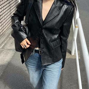 새로운 여성 모토 재킷, 빈티지 라펠 및 버튼, 한국 동대문 스타일, 블랙, 원 사이즈