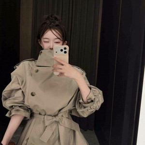 새로운 숏 트렌치 코트 레트로 시크 한국 스타일 스탠드 칼라 사이드 버튼 라이트 카키 여성용 가을 아우터웨어 프리 사이즈