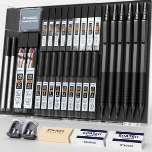 34개 아트 메탈 제도 연필 세트, 실버, 블랙, 3개 아트 드래프팅 연필 0.5, 0.7, 0.9mm & 3개 2mm 제도 드로잉 연필 (384개 심 포함, 6B 4B 2B HB 2H 4H CR) - 필기, 스케치, 드로잉용