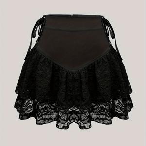 레이스 패치워크 밑단 러플 타이프론트 크로스 스트랩 스커트, Y2K 스타일 A라인 지퍼 솔리드 컬러 스커트, 봄 여름 가을용 여성 의류