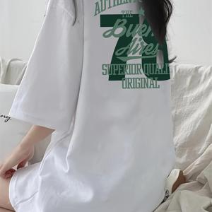 여성 Y2K 복고풍 루즈핏 긴 티셔츠 - 흰색에 녹색 만화 패턴 프린트, 라운드넥 반팔 상의, 봄 여름 가을 캐주얼 의상, 편안한 원단
